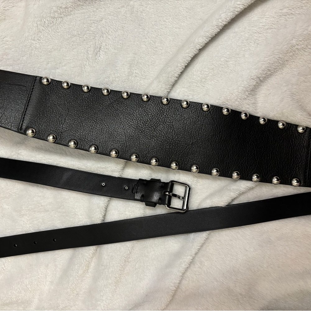 All Saints Alcor Black Leather Studded Belt with Silver Accents - Picture 7 of 9